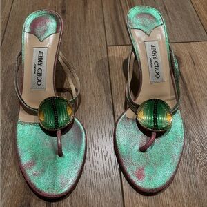 Vintage Jimmy Choo Metallic Green Purple Kitten Heels with Crystal Medallion